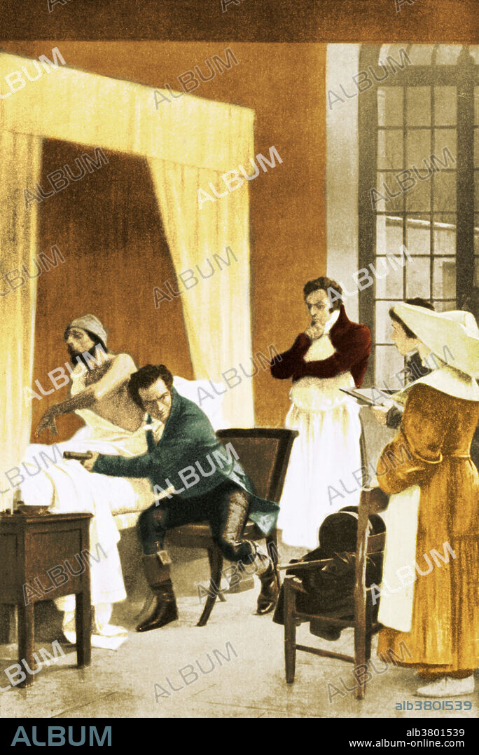 Rene-Theophile-Hyacinthe Laennec (1781-1826), French physician and inventor of the stethoscope. This painting is by Theobald Chartran (1849-1907) and hangs in the Sorbonne, Paris, France. Color-enhanced version of BN6729.