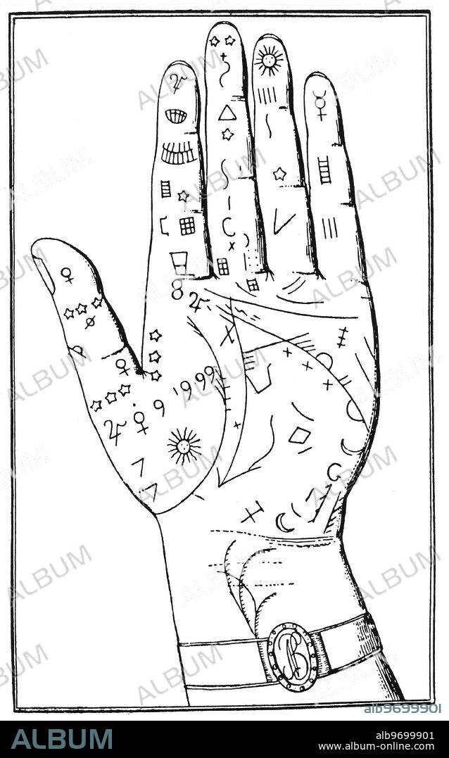 PALMISTRY. Engraving of a drawing, made by the cartomancer Le Normand, of the hand of the Emperor Napoleon Bonaparte. The engraving appeared in her Memoires historiques et secrets de l'Imperatrice Josephine, 1827. There is no real evidence that Le Normand even examined the hand of the Emperor from a palmistic point of view, though she wrote (allegedly after looking at the hand), 'There was revealed everything, even those marks which proclaimed him as hero and conqueror'. There is little indication that Le Norman knew anything about palmistry, and the diagram is little more than invented gibberish.