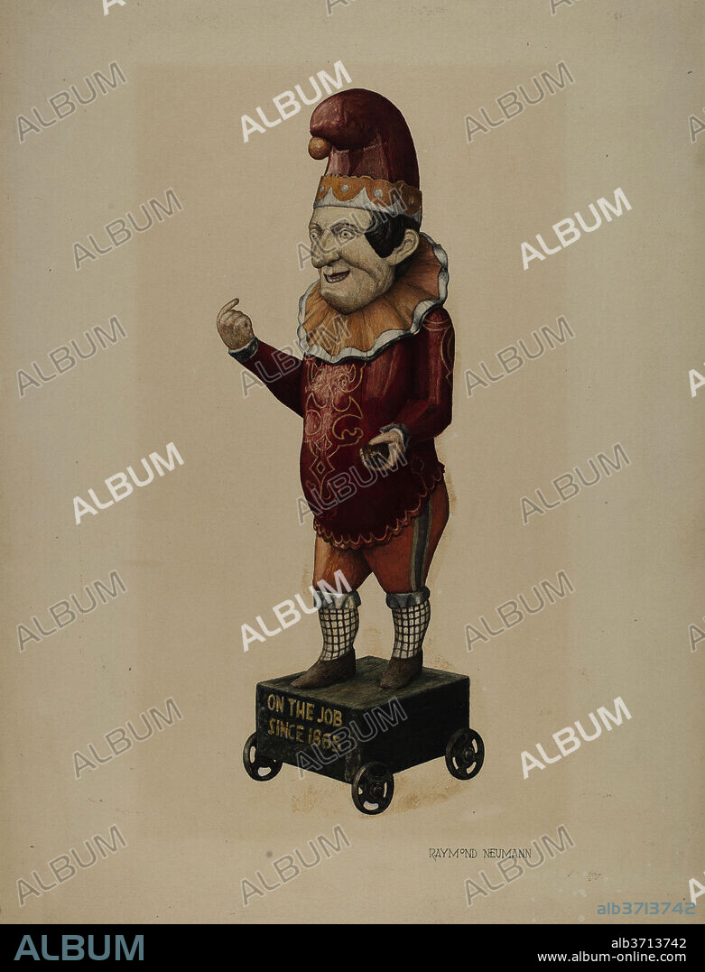 RAYMOND NEUMANN. Cigar Store Figure: "Punch". Dated: 1935/1942. Dimensions: overall: 48.9 x 36.1 cm (19 1/4 x 14 3/16 in.). Medium: watercolor, graphite, and pen and ink on paperboard.