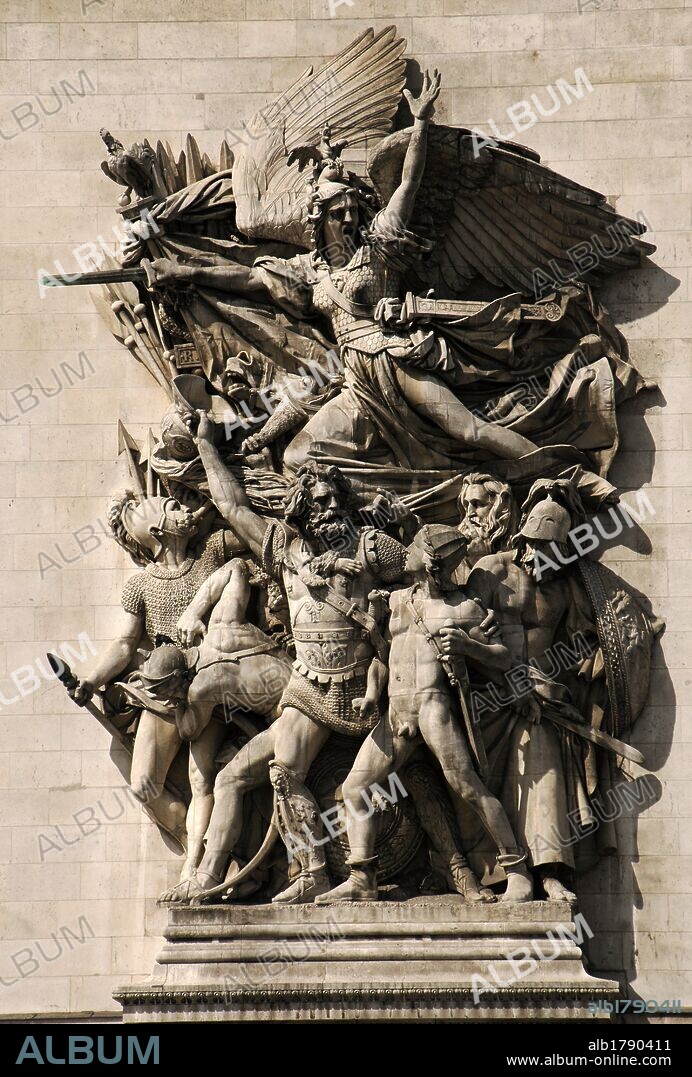 ARTE S. XIX. FRANCIA. RUDE, François (Dijon,1784-París,1855). Escultor francés. "LA MARSELLESA" (La marcha de los Voluntarios de 1792). Obra maestra realizada entre los años 1833 y 1835, con la que el autor se acercó al espíritu romántico de la época. Se encuentra en una de las cuatro caras del Arco del Triunfo (1806-1836). PARIS.