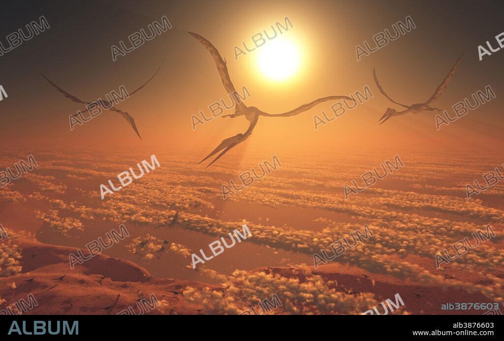 Giant Quetzalcoatlus pterosaurs flying above the clouds of a Cretaceous sky during their annual migration.
