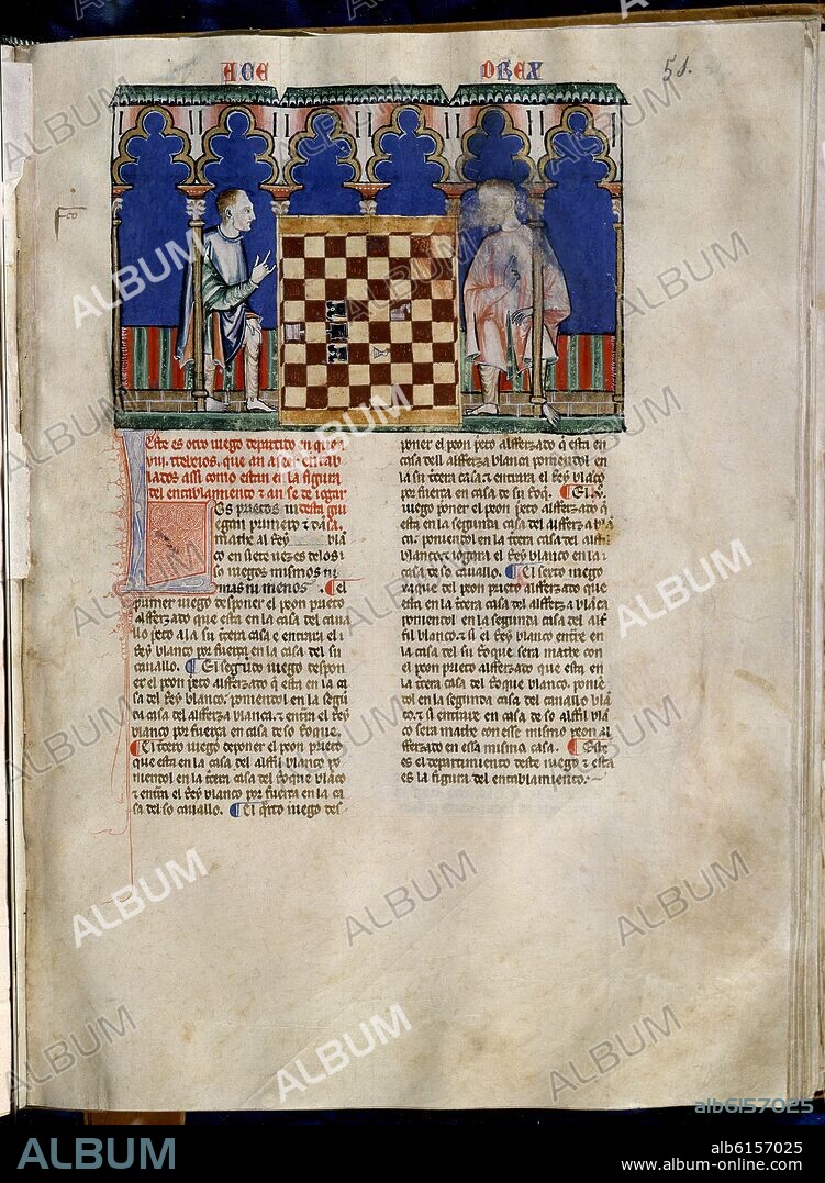 ALFONSO X DE CASTILLA EL SABIO. LIBRO DE JUEGOS O LIBRO DEL AJEDREZ DADOS Y TABLAS - 1283 - FOLIO 51R - DOS HOMBRES JUGANDO AL AJEDREZ - MANUSCRITO GOTICO.