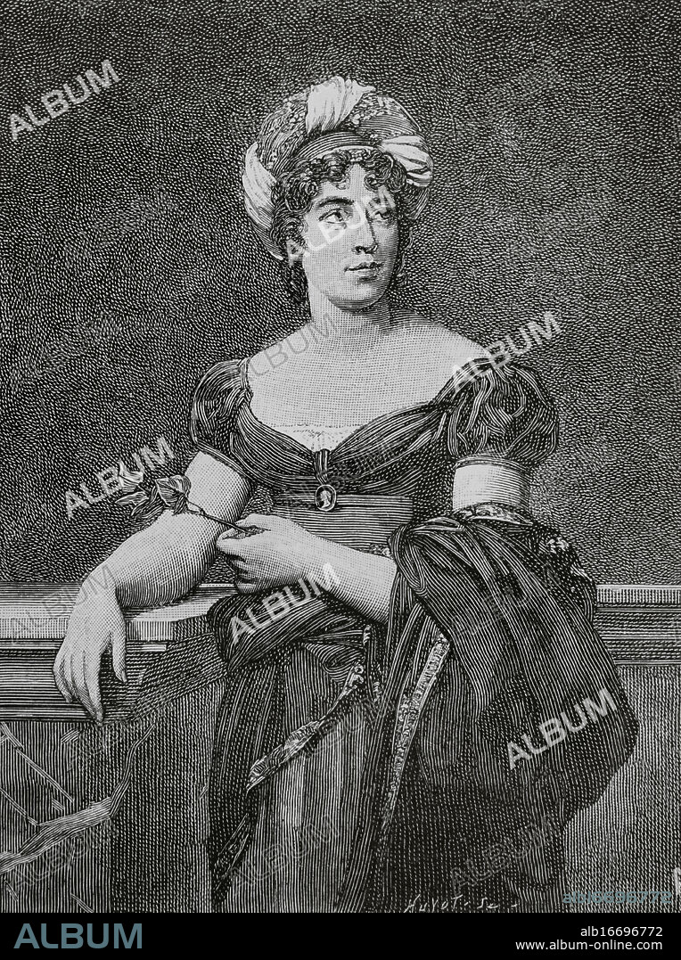 Anne-Louise Germaine Necker (1766-1817), conocida como Madame de Staël. Filósofa, escritora y teórica política franco-suiza. Famosa por su salón literario en París. Retrato. Grabado de Huyot a partir de la pintura realizada por François Gérard (1770-1837), 1817-1818. "Directoire, Consulat et Empire. Moeurs et usages, lettres, sciences et arts. France, 1795-1815" (Directorio. Consulado e Imperio. Costumbres y tradiciones, letras, ciencias y artes. Francia, 1795-1815), por Paul Lacroix. Publicado en París, 1884.