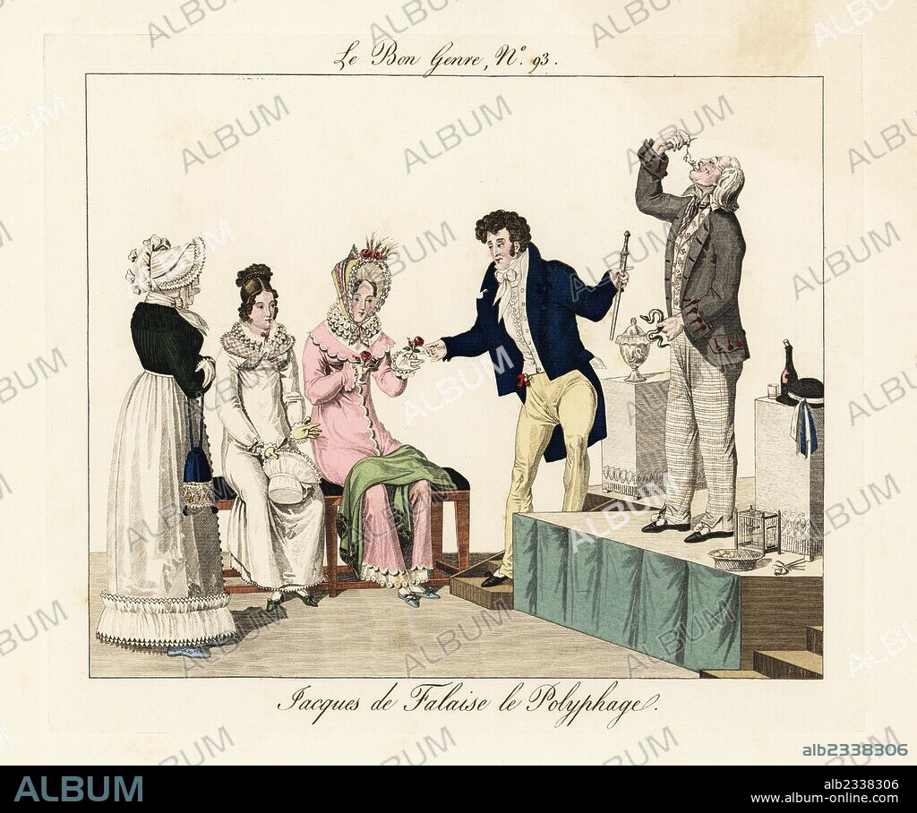 Jacques de Falaise, street entertainer who ate anything. He is shown eating a live mouse, holding a snake, while an assistant receives a dagger and rose from the audience. Handcoloured engraving from Pierre de la Mesangere's Le Bon Genre, Paris, 1817.