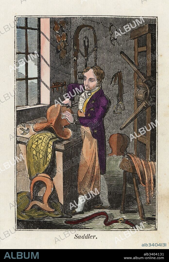 A saddler in leather apron making a saddle in his workshop. Handcoloured woodcut engraving from The Book of English Trades and Library of the Useful Arts, Phillips, London, 1818.