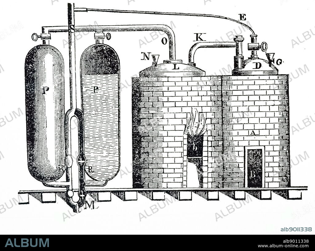 An engraving depicting Thomas Savery's steam engine of 1699 used for pumping water from mines. Double furnaces (right) with boilers, whose steam passes to cylinders (p,p). It is next cooled, which causes a partial vacuum in p,p that sucks up water through pipe M. Thomas Savery (1650-1715) an English inventor and engineer. Dated 19th century.