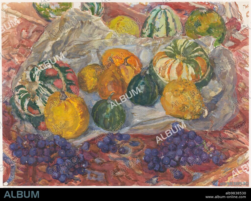 BARBARA ELISABETH VAN HOUTEN. Still life of pumpkins and grapes on a rug, 1872-1950.
