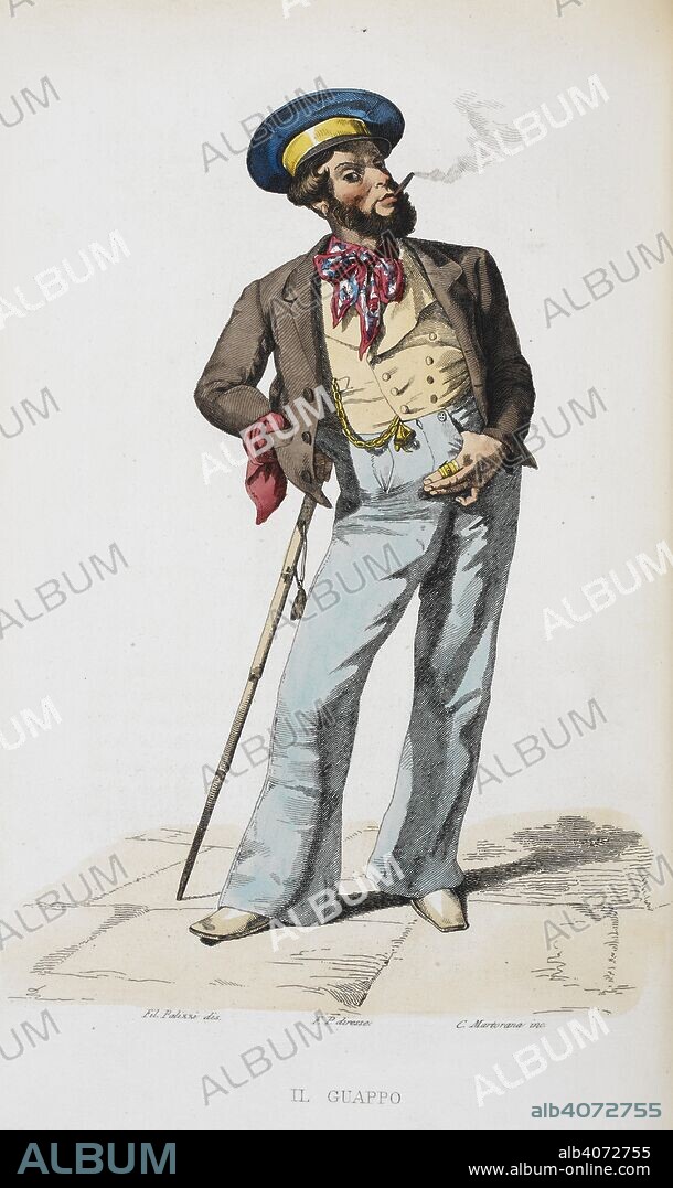 FRANCESCO DE BOURCARD. Il Guappo. A well dressed man, smoking a cigarette or cheroot. Usi e costumi di Napoli e contorni descritti e dipinti. Opera diretta da F. de Bourcard. Naples, 1853, 1858. Source: 10129.g.27, volume I, opposite 15. Language: Italian.