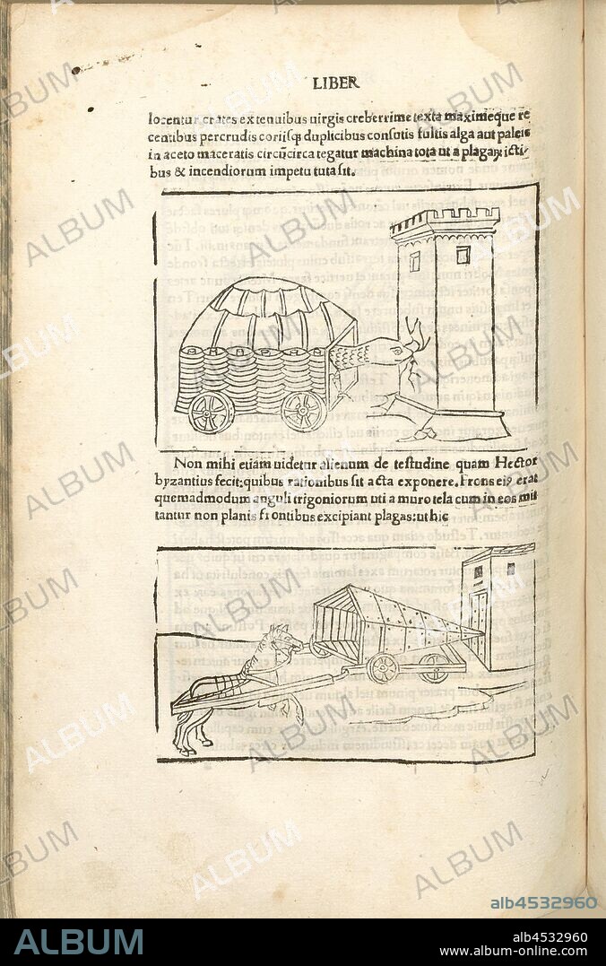 Two rams, Medieval warfare, siege weapon, battering ram, two types of battering ram, above: construction of a loaded wagon with a metal animal head, below: battering ram driven by a harnessed horse, woodcut, p. 374, (Liber, decimus, ), 1483, Roberto Valturio: [De re militari]. Verona: [Boninus de Boninis], [1483].