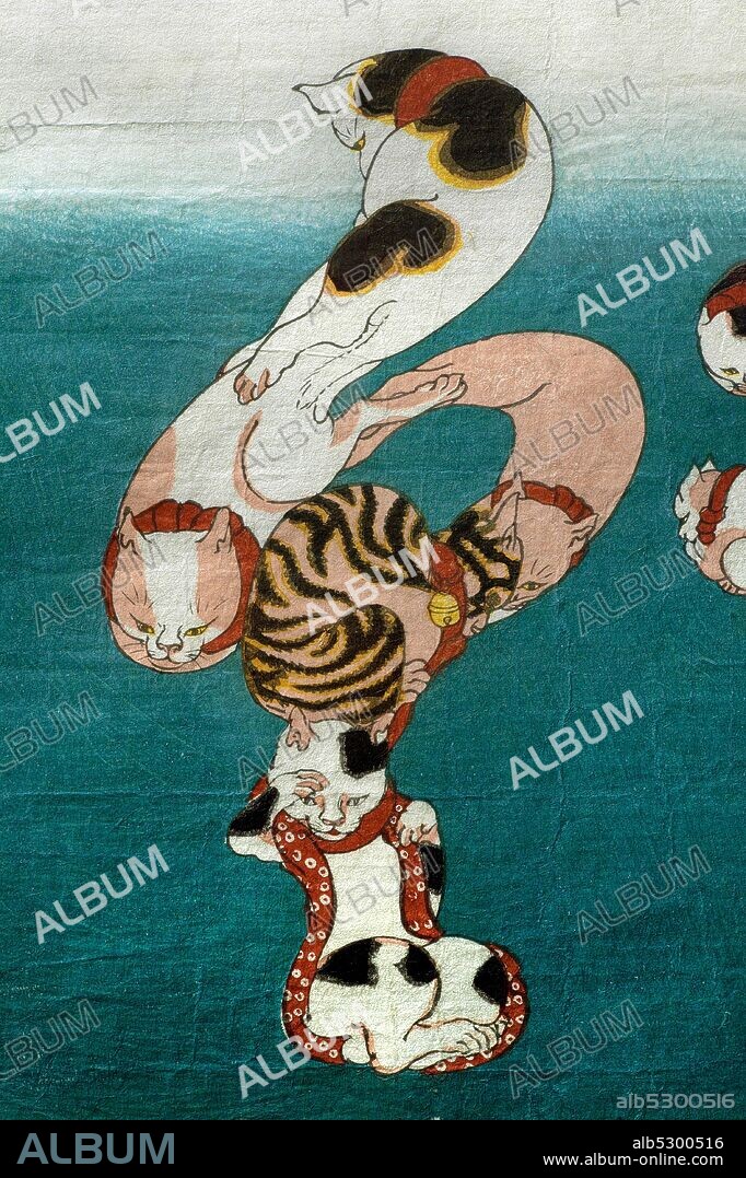 Utagawa Kuniyoshi 1798-1861. Baloon Fish (Fugu) Series Cats forming written Characters (Neko no ateji). about 1842. vertical Oban. 36.9 x 25.6. detail.