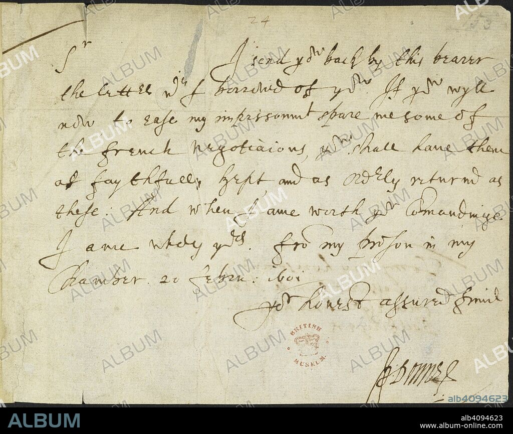 Autograph letter of John Donne to Sir Robert Cotton, written from prison, 20th February 1601. London; 1601. Source: Cotton Julius C. III, f.153. Language: English.