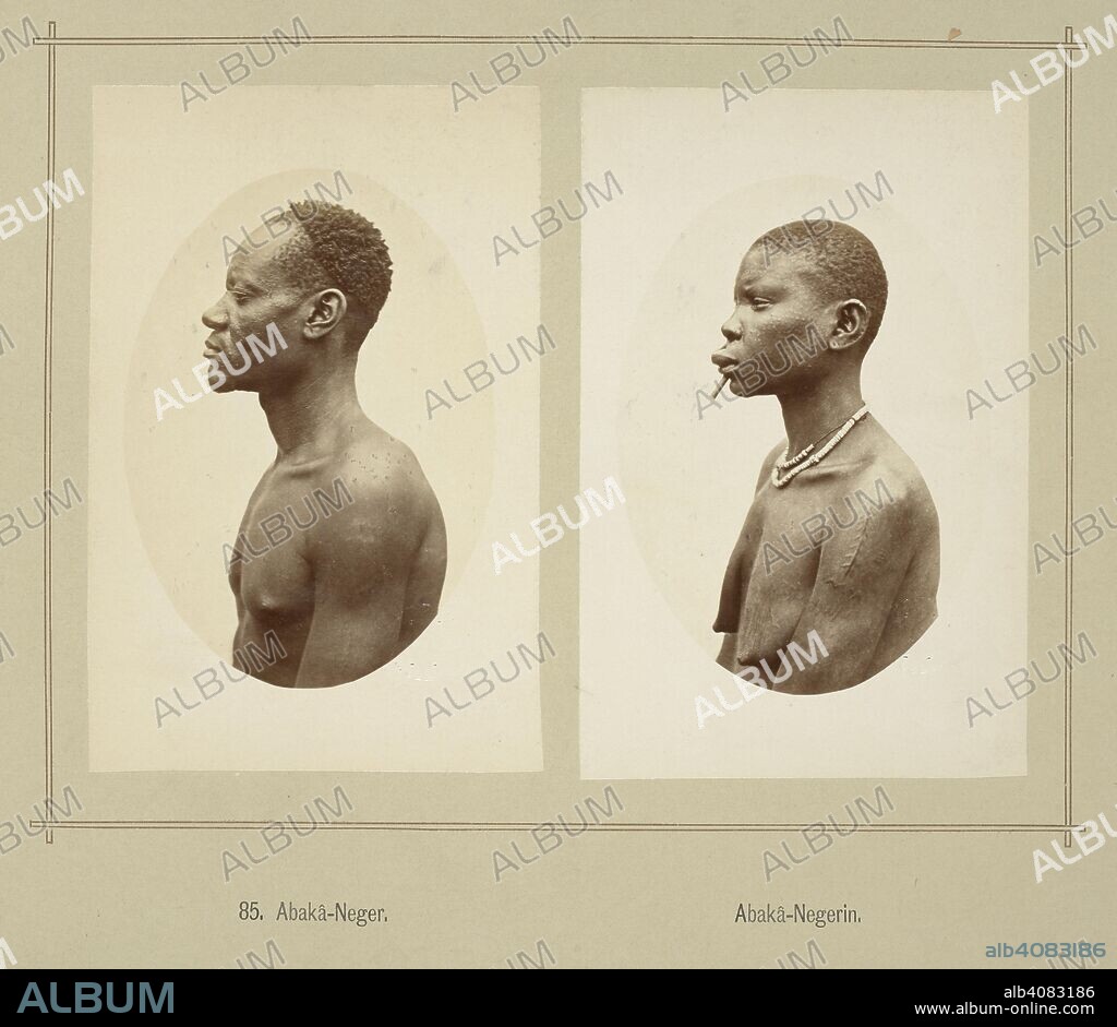 RICHARD BUCHTA. (Left): Portrait of a Baka man.  (Right): Portrait of a Baka woman with lip ornaments and 'barbed harpoon' style cicatrices on her shoulder.  . Die oberen Nil-LaÌˆnder. Volkstypen und Landschaften. Dargestellt in 160 Photographien. Nach der Natur aufgenommen von R. Buchta. Mit einer Einleitung von Dr. Robert Hartmann. Berlin, 1881. Source: 1789.a.13 plate 85. Language: German.