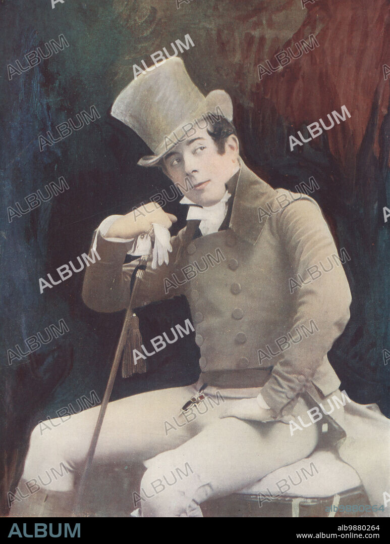 Seymour Hicks as Valentine Brown in Quality Street, a popular musical comedy by J.M. Barrie, Vaudeville Theatre, 1902. SIr Edward Seymour Hicks, English actor, music hall performer, manager, 1871-1949. Photograph by Alfred Ellis and Walery (Stanislaw Julian Ignacy). Colour printing of a hand-coloured illustration based on a monochrome photograph from George Newness Players of the Day, London, 1905.