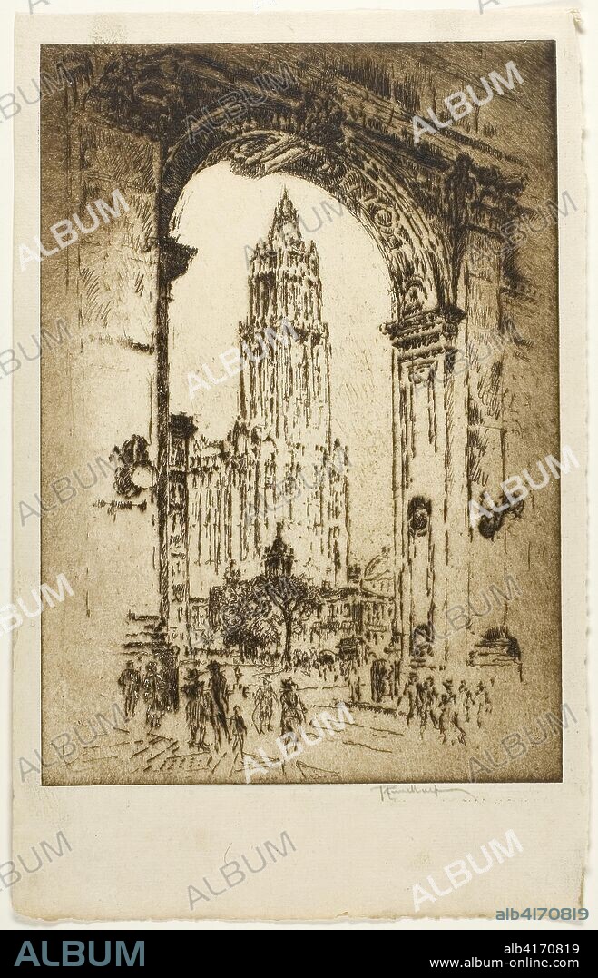 The Woolworth through the Arch. Joseph Pennell; American, 1857-1926. Date: 1920-1921. Dimensions: 252 x 175 mm (image); 308 x 191 mm (sheet). Etching in brown ink on ivory laid paper. Origin: United States.
