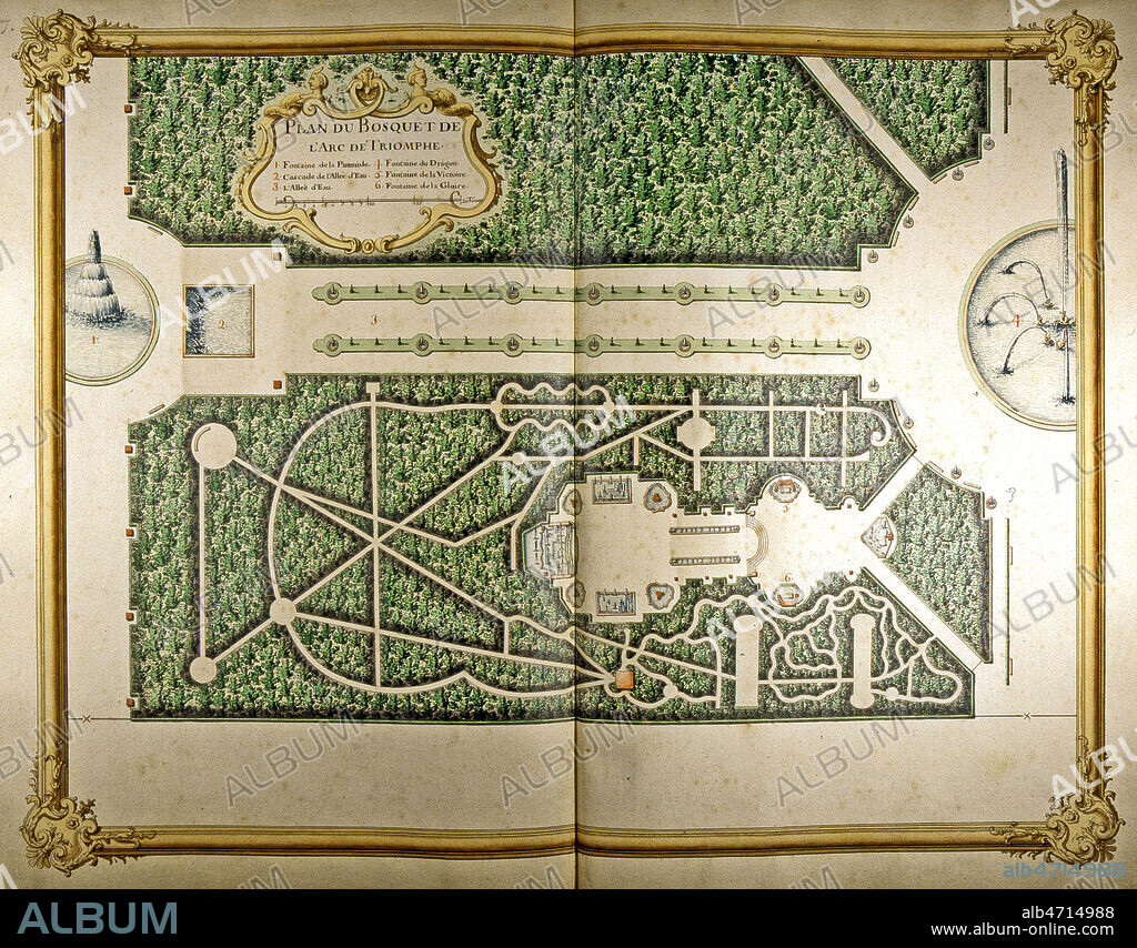 Plan du bosquet de l'arc de triomphe, tire de l'ouvrage de Jacques DUBOIS 'Recueil des plans des distributions du chateau et jardins de Versailles', datant de 1732. Ouvrage conserve a la bibliotheque municipale de Versailles. Ms F 462. Credit : Collection JEAN VIGNE / KHARBINE-TAPABOR.