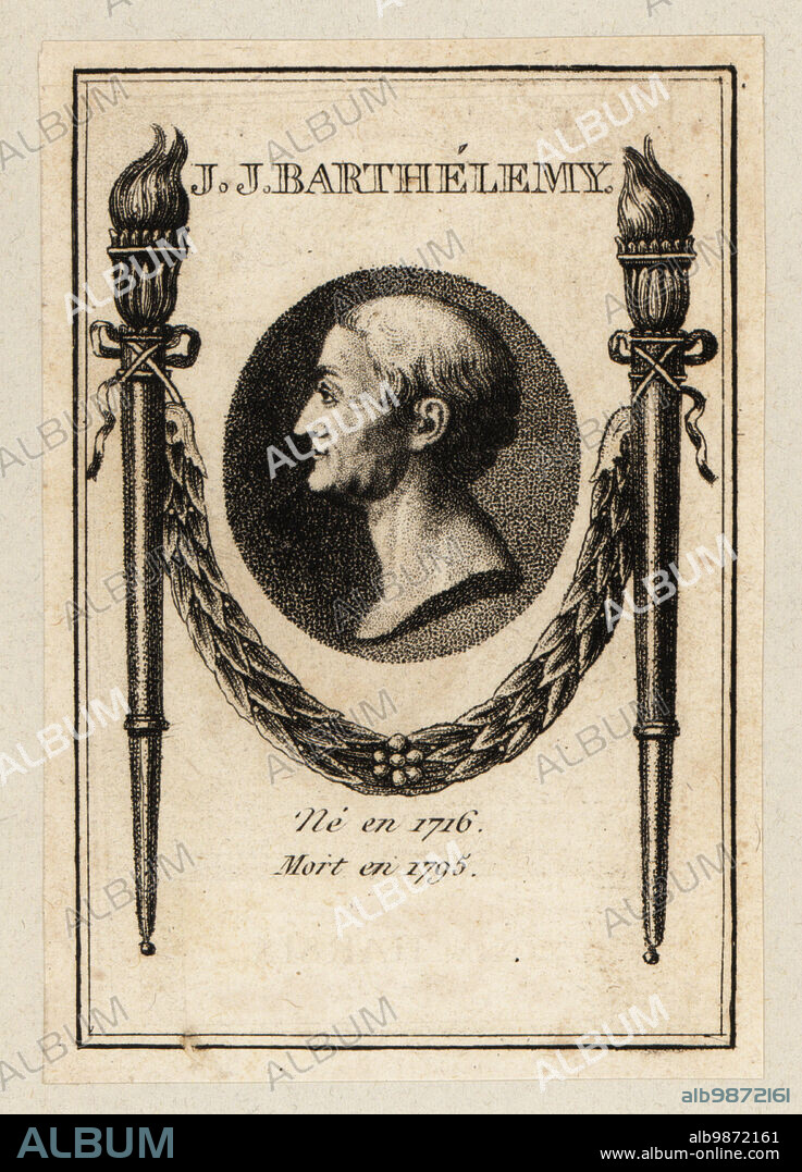 Portrait of Jean-Jacques Barthélemy, French scholar, linguist, 1716-1795. Deciphered the Palmyrene alphabet in 1754 and the Phoenician alphabet in 1758. Oval portrait between two torches and a garland. Copperplate engraving from an unknown book publshed in France, 18th century.