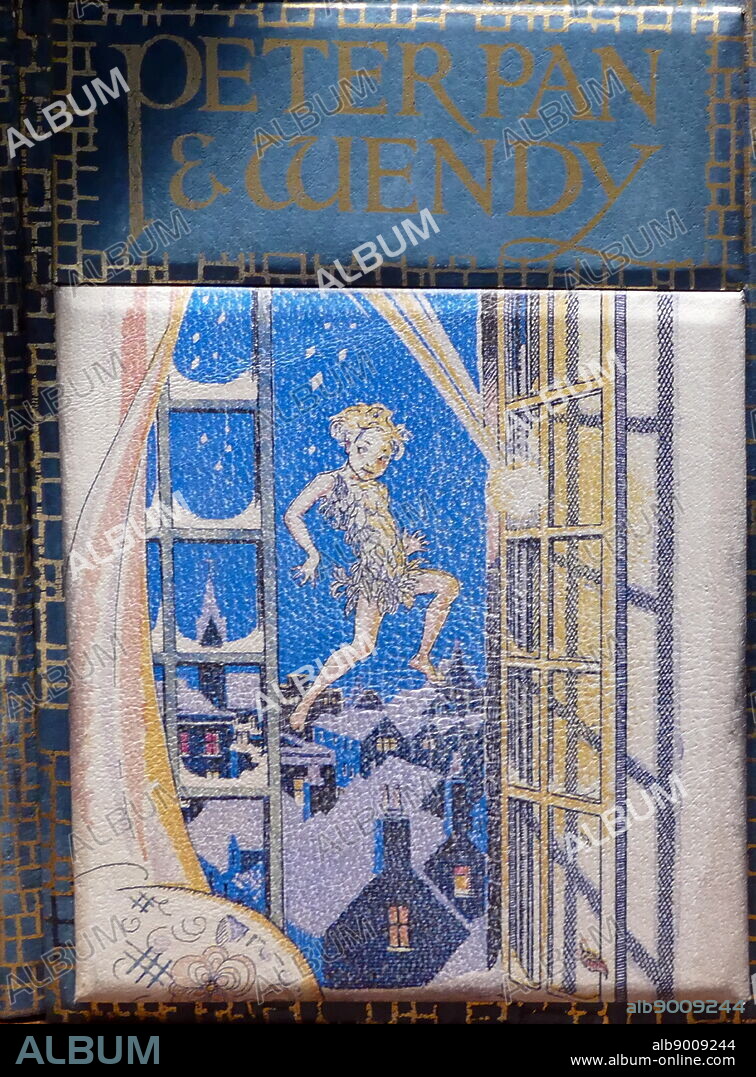 Front cover of the children's book, 'Peter Pan and Wendy', created by Scottish novelist and playwright J. M. Barrie. Peter Pan was a free spirited and mischievous young boy who can fly and never grows up.