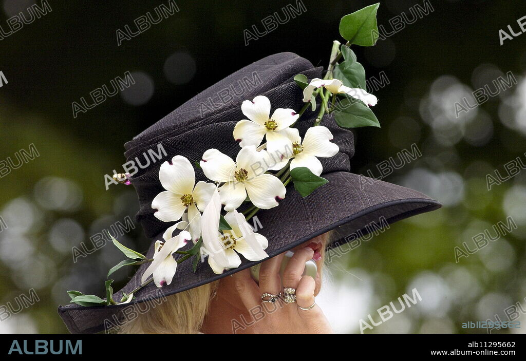 Race-goer wearing a hat with flowers in typical Ascot fashion at Royal Ascot Races. She is taking a call on her mobile cell phone.