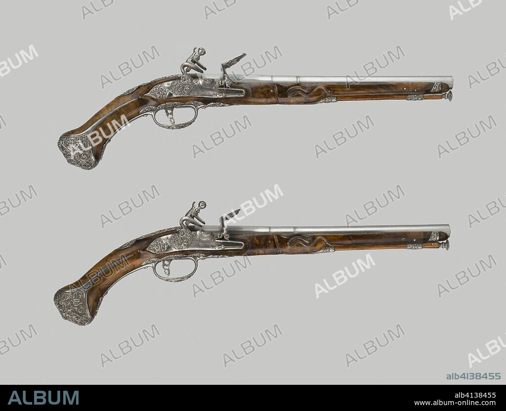 Pair of Flintlock Holster Pistols. Italian, Gardone Val Trompia; Barrels by Vicenzo Cominazzo. Date: 1670-1700. Dimensions: L. 48.8 cm (19 1/4 in.)
Barrel L. 32 cm (12 5/8 in.)
Wt. 2 lb. 3 oz.
Caliber .59. Steel and wood. Origin: Italy.