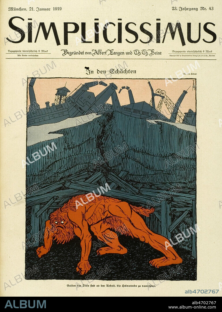(Dans le pays minier. le monstre revolutionnaire detruit les puits). Illustration de Thomas Theodor HEINE (1867-1948) pour le Simplicissimus du 21 janvier 1919. Credit : Coll. Dixmier/KHARBINE-TAPABOR.