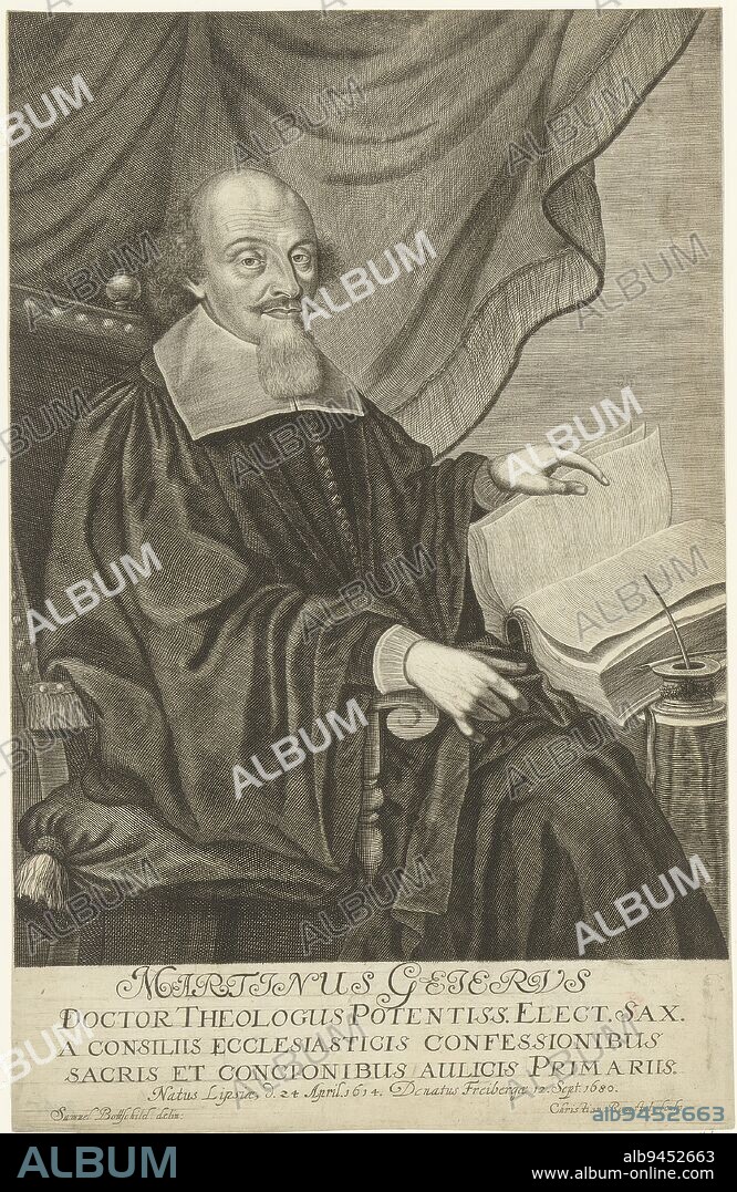 Portrait of Martin Geier, Christian Romstet, after Samuel Bottschild, 1680 - 1721, print maker: Christian Romstet, (mentioned on object), intermediary draughtsman: Samuel Bottschild, (mentioned on object), 1680 - 1721, paper, engraving, h 320 mm - w 205 mm.
