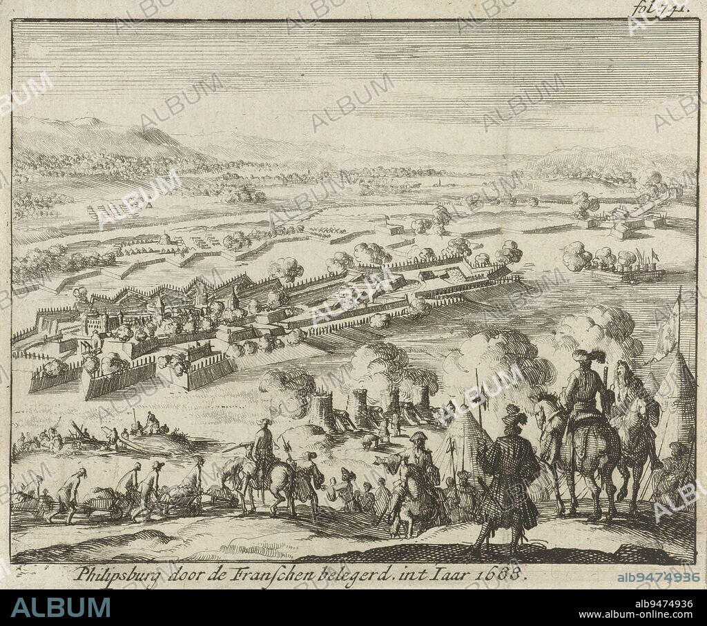 Print at top right marked: fol. 741., Siege of Philippsburg, 1688 Philipsburg besieged by the French in 't Year 1688 , print maker: Jan Luyken, printer: Jurriaen van Poolsum, print maker: Amsterdam, printer: Utrecht, 1689, paper, etching, h 111 mm × w 133 mm.