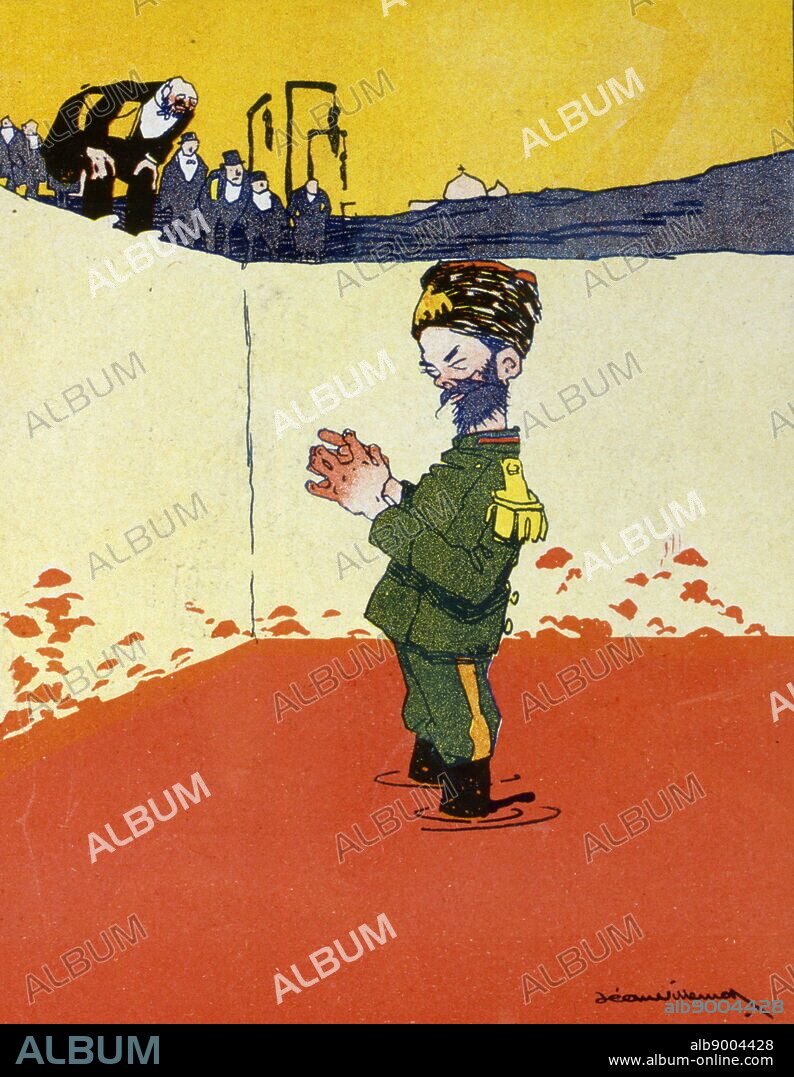 French satirical Illustration, depicting Bulgarian Tsar Ferdinand drowning in blood as Europe looks on. 1908.
