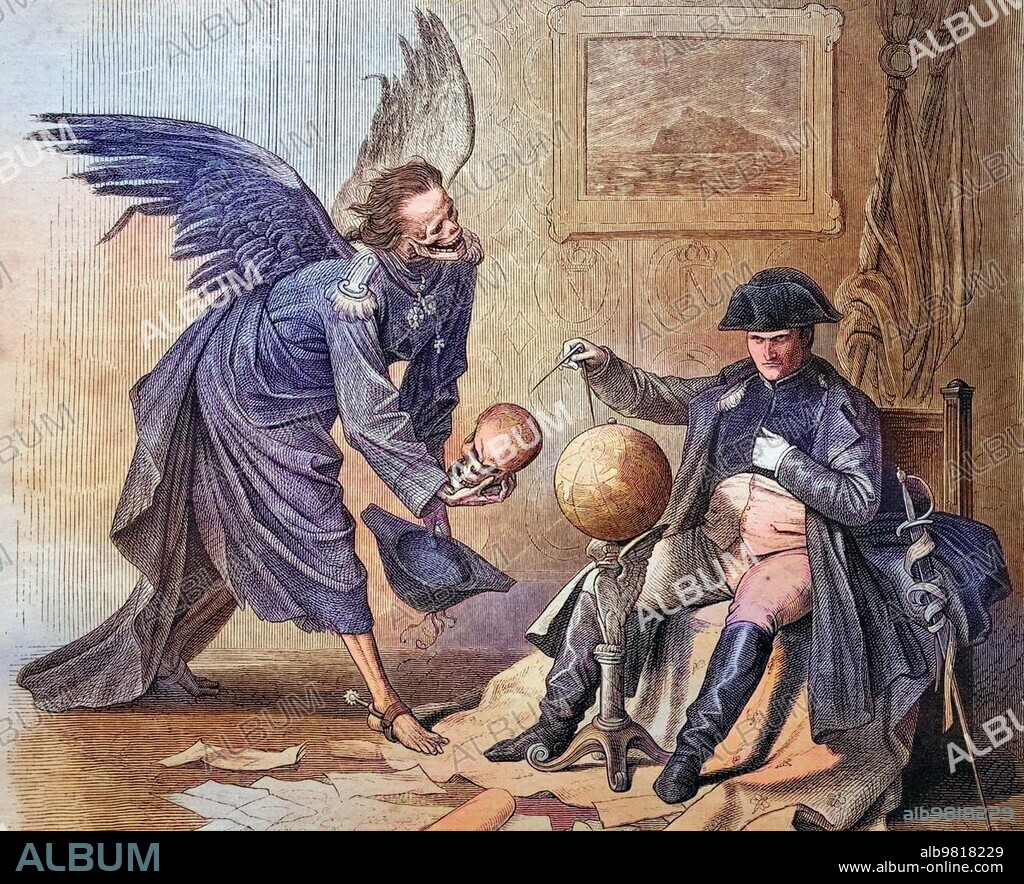 The Emperor Napoleon Bonaparte and Death; Kaulbach's Dance of Death; historical engraving; 1869; Historical; digitally restored reproduction from a 19th century original; coloured; exact date unknown.