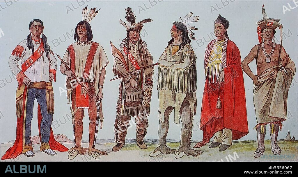 Clothing, fashion in North America, Indians, from left, a Utah Indian, a Shoshone tribe, young Indians in ornate leather suits, then a Cvih Indian warrior, then a Kansas Indian and one from Nebraska, digitally restored reproduction of a 19th century original