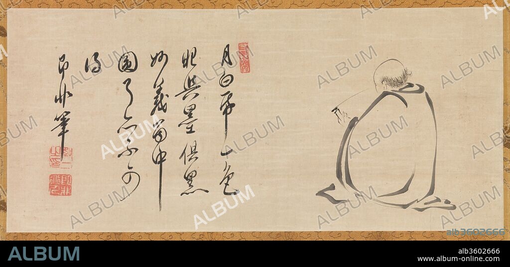Reading a Sutra by Moonlight. Artist: Sokuhi Nyoitsu (Jifei Ruyi) (Chinese/ Japanese, 1616-1671). Culture: Japan. Dimensions: Image: 10 13/16 x 23 7/8 in. (27.5 x 60.6 cm)
Overall with mounting: 44 1/4 × 24 5/8 in. (112.4 × 62.5 cm)
Overall with knobs: 44 1/4 × 26 3/4 in. (112.4 × 68 cm). Date: 17th century.
The Chinese monk Yinyuan Longqi (1592-1673), known in Japan as Ingen Ryoki, came to Japan in 1654, where he introduced a style of Chan, or Zen, Buddhism and spread Ming-dynasty culture. He built a temple called Manpukuji near Kyoto, and his school was known as the Obaku sect after a mountain near the temple site. Sokuhi Nyoichi (Chinese: Jifei Ruyi) was among the group of monks who accompanied Ingen Ryuki. Together, his painting and calligraphy express the profundity found in the quotidian rhythms of Zen monastic life. The poem reads:
Moon and white paper are of
one color.
The pupil of the eye and the ink
are both black.
The marvelous meaning, lodged
in the circle,
Is beyond comprehension.
