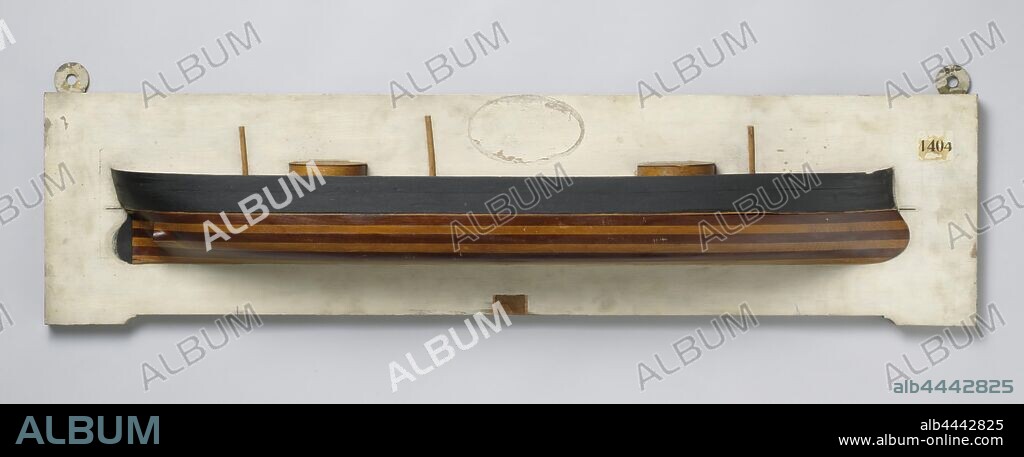 Half Model or an Ironclad Ram Ship, Stack Model and Half Model (starboard) of a ram tower ship. It has a ram's bow, crutch fence, rudder with rounded rudder blade, a propeller shaft of a few screws: the propeller is missing. There are two gun turrets and three masts on the deck. The sheer is completely flat, the hull has an almost flat bottom with round crests. A larger rudder blade is indicated on the back plate with pencil., King of the Netherlands (ship), Rijkswerf Amsterdam, Amsterdam, c. 1870 - c. 1874, wood (plant material), h 28.5 cm × w 100 cm × d 9.3 cm.