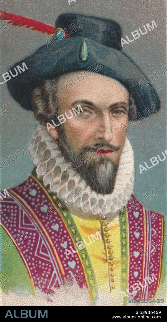 Sir Walter Raleigh, English writer, poet, courtier, adventurer and explorer, (1821). Raleigh (1554-1618) was a favourite of Queen Elizabeth I, who knighted him in 1585. In 1584-1589 he was involved in an unsuccessful attempt to establish a colony in North America, but did introduce tobacco and the potato to Britain from the New World. Accused of treason by Elizabeth's successor, James I, he was imprisoned in the Tower of London and eventually put to death in 1618. Taken from the 'Leaders of Men' cigarette cards produced by Ogdens 1924.