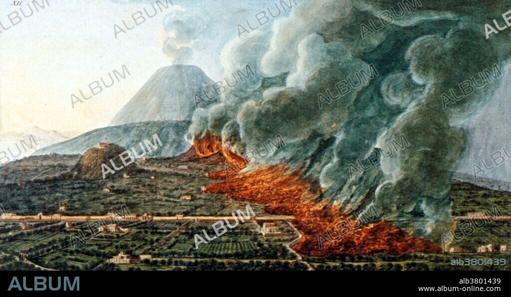 View of an eruption of Mount Vesuvius which began on December 23, 1760 and ended January 5, 1761 by Pietro Fabris. Mount Vesuvius is a stratovolcano in the Gulf of Naples, Italy, best known for its eruption in 79 AD that led to the burying and destruction of the Roman cities of Pompeii and Herculaneum. Since then Vesuvius has erupted around three dozen times. The last major eruption was in March 1944. Fabris (active 1740-1792) was a painter of Italian descent best known for his work with the geologist, William Hamilton (Observations on Mount Vesuvius, and Mount Etna, 1744 and Campi Phlegraei: Observations on the Volcanoes of the Two Sicilies, 1776) which included a number of engravings based on his paintings.