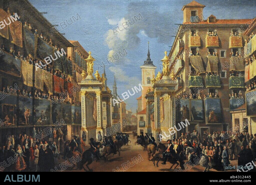 Atribuído a Lorenzo de Quirós (1717-1789). Pintor español. Ornato de la calle de las Platerías (calle Mayor) con motivo de la entrada de Carlos III en Madrid, hacia 1760. Museo de Historia. Madrid. España. (En depósito, cedida por la Real Academia de Bellas Artes de San Fernando, Madrid) .