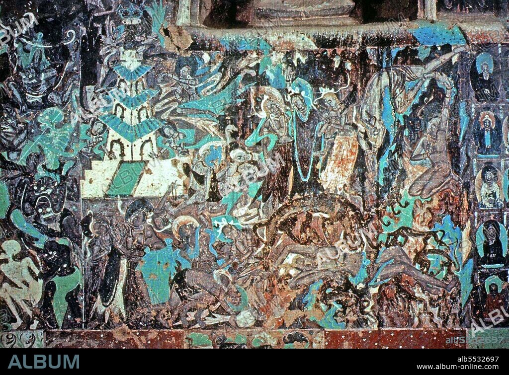 The Mahasattva jataka fresco illustrates Prince Sattva offering himself to a starving tigress and her cubs. The jataka starts from the top centre with Prince Sattva and his two brothers looking down at the tigress and her seven cubs. The story continues on the right. The prince kneels and pierces his neck with a bamboo stick, and then dives with an outstretched left arm from the cliff to feed the tigress. Then his remains are found by his saddened family. The Mogao Caves, or Mogao Grottoes (Chinese: mògao ku, also known as the Caves of the Thousand Buddhas and Dunhuang Caves) form a system of 492 temples 25 km (15.5 miles) southeast of the center of Dunhuang, an oasis strategically located at a religious and cultural crossroads on the Silk Road, in Gansu province, China. The caves contain some of the finest examples of Buddhist art spanning a period of 1,000 years. The first caves were dug out in 366 AD as places of Buddhist meditation and worship. The Mogao Caves are the best known of the Chinese Buddhist grottoes and, along with Longmen Grottoes and Yungang Grottoes, are one of the three famous ancient sculptural sites of China. The caves also have celebrated wall paintings.