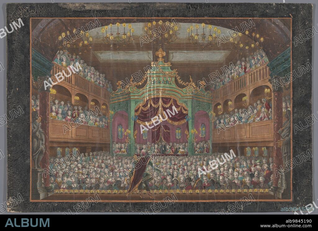 ANON. View of the royal lodge of the Schouwburg in Amsterdam with a performance for Willem V and Wilhelmina of Prussia on June 1, 1768, 1768-1799. On stage is an actor as Apollo.