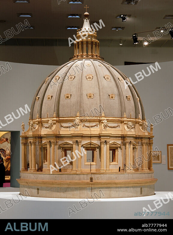 Rom - Roma (Italien), Petersdom - Basilica di S. Pietro (Neubau 1506ff.). Kuppelmodell Michelangelos (1558-1561), mit Veränderungen des Giacomo della Porta (ca. 1585) und des Luigi Vanvitelli (1742/44). Von Michelangelo Buonarroti (1475-1564), Giacomo della Porta (1532-1602). und Luigi Vanvitelli (1700-1773). Lindenholz, H. 5 m, B. 4 m, T. 2 m; Maßstab 1: 15. Vatikanstadt, Fabbrica di S. Pietro in Vaticano.