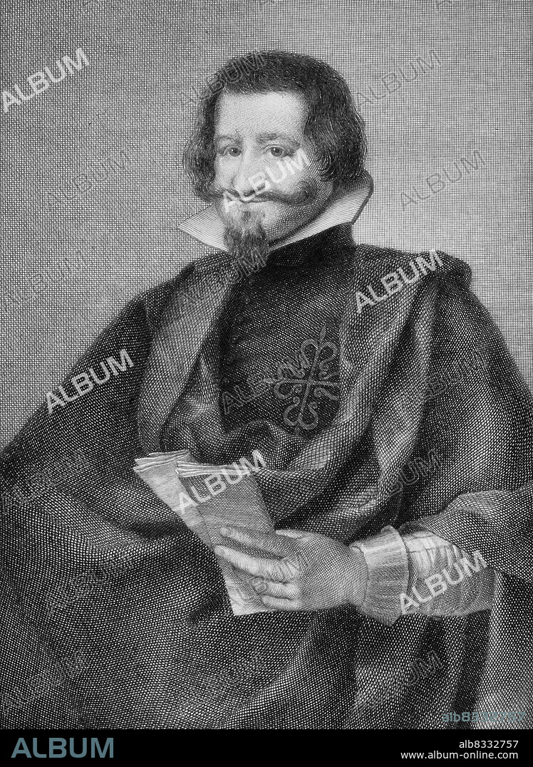 CONDE DUQUE DE OLIVARES. GASPAR DE GUZMAN Y PIMENTEL. POLITICO ESPAÑOL . 1587 - 1645. GRABADO RETRATO DE LA COLECCION " VARONES ILUSTRES ". CALCOGRAFIA NACIONAL , MADRID.