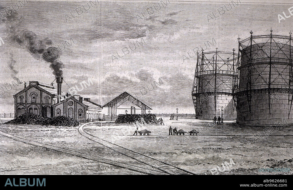 Overview of the gas factory of the Sociedad Cooperativa Gaditana, inaugurated on 9 November 1886, engraving of the time.