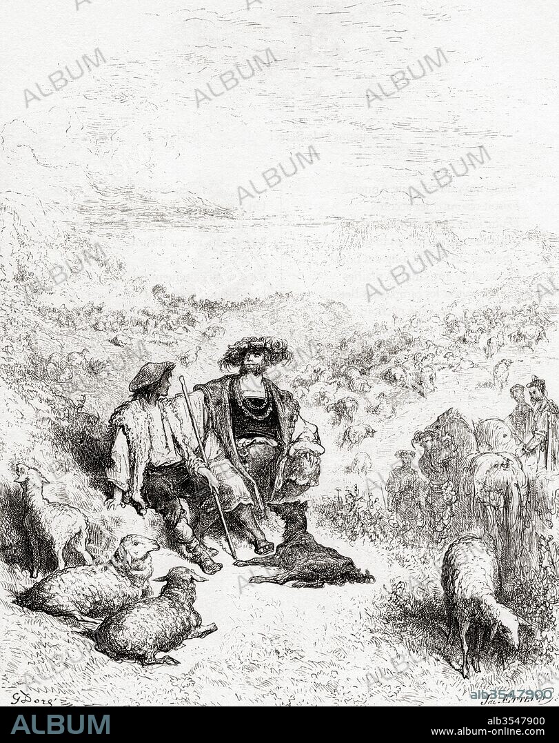 Gustave Doré's illustration of La Fontaine's fable The Shepherd and the King, (Le Berger et le Roi).  From a late 19th century edition of Fables de La Fontaine.