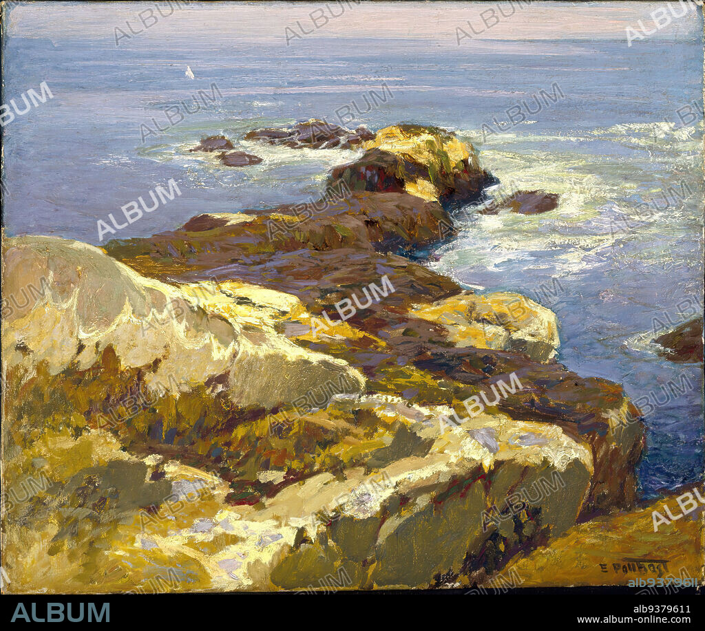 Rocks and Sea, Edward Henry Potthast, American, 1857-1927, Oil on canvas, ca. 1923, 20 1/16 x 24 in., 51 x 61 cm, American Painting, boulders, ca. 1923, coastline, marine, ndd7, ocean, oil on canvas, painting, rocks, sea, seascape.