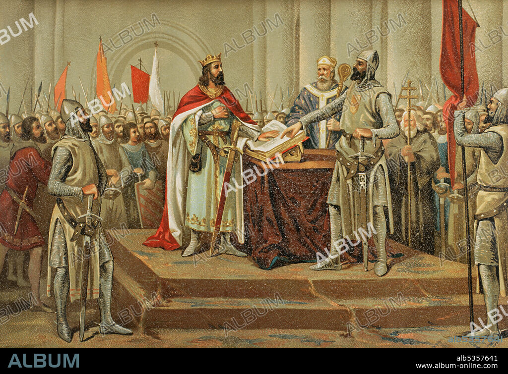 Leyenda medieval de la Jura de Santa Gadea. El rey de León Alfonso VI prestó juramento en público, en la Iglesia de Santa Gadea de Burgos, en el año 1072, declarando que no había participado en el asesinato de su hermano el rey Sancho II. Cromolitografía. Historia General de España, por Miguel de Morayta. Tomo II. Madrid, 1889.