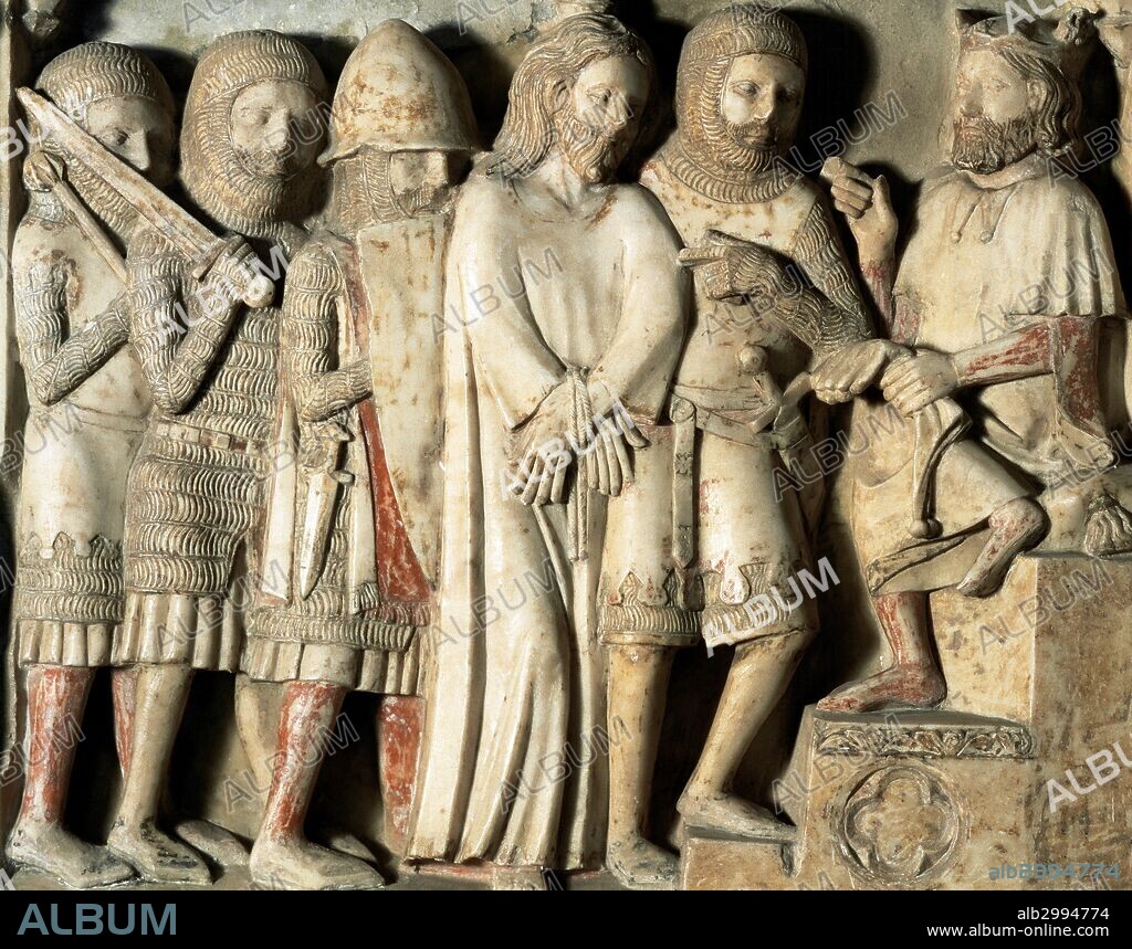 ARTE GOTICO. ESPAÑA. BERNAT SAULET, escultor. "RETABLO DE LA PASION". (JESUS FRENTE A HERODES ANTES DE SER AZOTADO). Pieza que procede de la iglesia de Sant Pol de la población de Sant Joan de Les Abadesses. Comarca del Ripollés (Cataluña). Museu Episcopal de Vic. Provincia de Barcelona. Comarca de Osona. Cataluña.