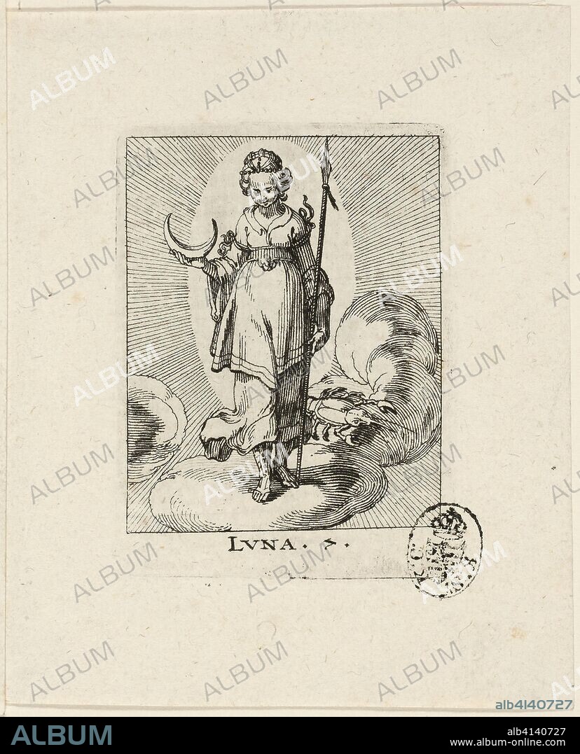Luna, plate seven from Der VII Planeten. Conrad Meyer; Swiss, 1618-1689. Date: 1643-1689. Dimensions: 69 x 49 mm (sheet). Etching in black on ivory laid paper. Origin: Switzerland.