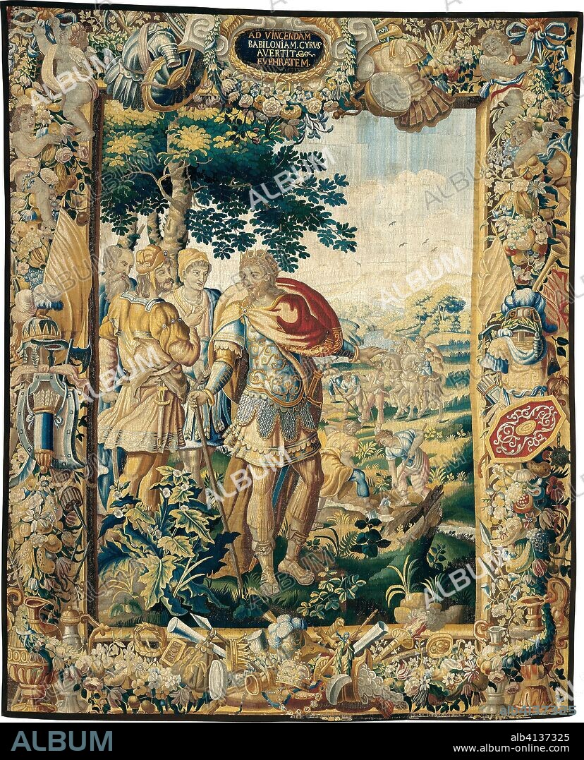 MICHIEL COXCIE I. The Diversion of the Euphrates, from The Story of Cyrus. Adapted from designs by Michiel Coxie (1499-1592); Woven at the workshop of Gillis Ydens; Flanders, Brussels. Date: 1660-1680. Dimensions: 325.4 × 404.8 cm (128 1/8 × 159 3/8 in.). Wool and silk, slit and single interlocking tapestry weave. Origin: Flanders.