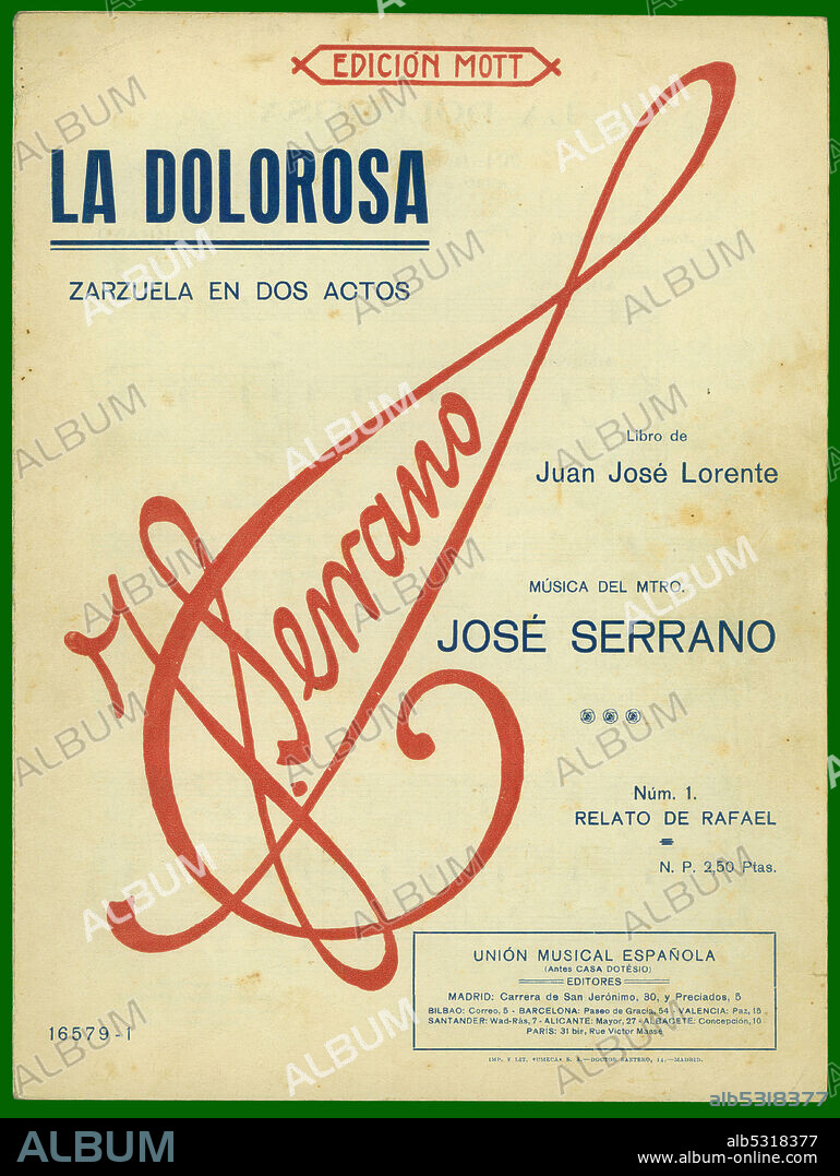 Partitura musical de la zarzuela La Dolorosa, de José Serrano. Año 1930.