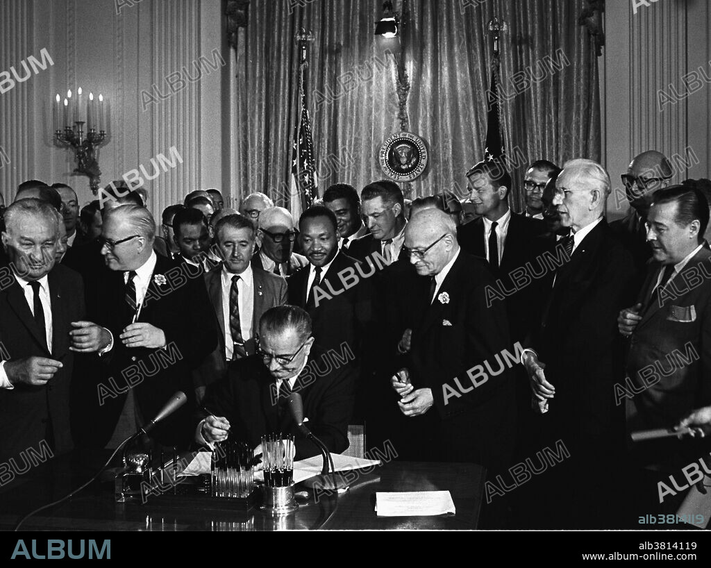 The Civil Rights Act of 1964 is a landmark piece of civil rights legislation in the United States that outlawed discrimination based on race, color, religion, sex, or national origin. It ended unequal application of voter registration requirements and racial segregation in schools, at the workplace and by facilities that served the general public. Powers given to enforce the act were initially weak, but were supplemented during later years. Congress asserted its authority to legislate under several different parts of the United States Constitution, principally its power to regulate interstate commerce under Article One (section 8), its duty to guarantee all citizens equal protection of the laws under the Fourteenth Amendment and its duty to protect voting rights under the Fifteenth Amendment. The Act was signed into law by President Johnson on July 2, 1964, at the White House. Photographed by Cecil Stoughton.
