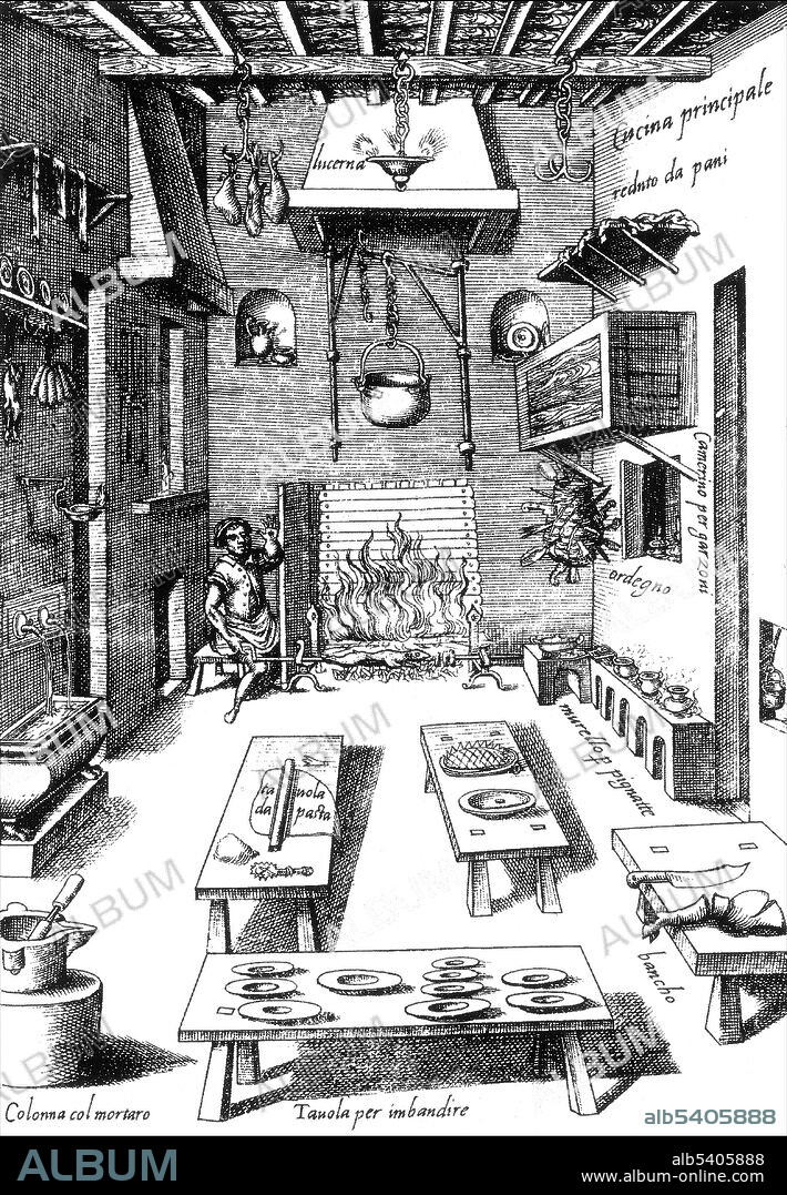 Plate 1: The Main Kitchen. Bartolomeo Scappi (1500, April 13, 1577) was a famous Italian Renaissance chef. As head chef for popes and cardinals he prepared banquets for the most powerful men on earth. He acquired fame in 1570 when his monumental cookbook Opera dell'arte del cucinare was published. It was the world's first illustrated cookbook, a colossal tome that includes a thousand recipes of the Renaissance cuisine and describes cooking techniques and tools, giving the first known picture of a fork. Lavish woodcuts illustrate the perfect layout of a kitchen, the range of pots, pans, knives, and other utensils needed to run a high-quality kitchen. Between 1570 and 1646, the book went through eight print runs, and versions of his recipes were borrowed for other publications in England, France, Germany, and Spain.
