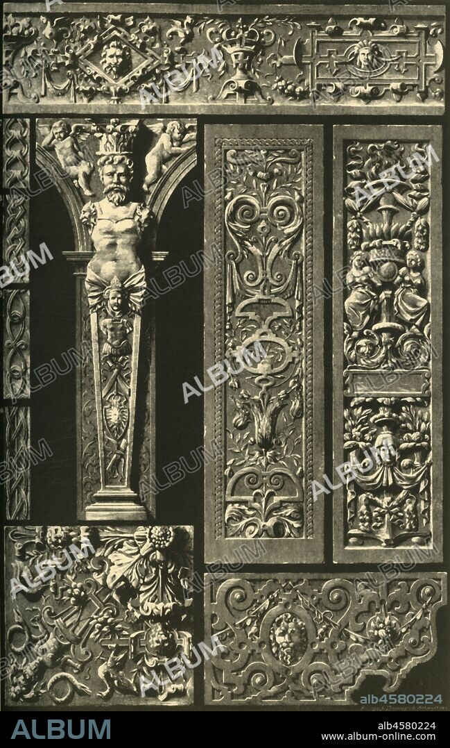 German Renaissance ornament in stone and wood, (1898). 'Fig 1: Herma from the tombs of Wurttembergian princes in the choir of the "Stiftskirche" at Stuttgart. Fig 2: Panel on the pillar of a bar in the great hall of the town-house at Nuremberg. Fig 3: Intrado on a door in the "Otto-Heinrichs-Bau" of Heidelberg Castle. Fig 4: Dado at a tomb of the "Schenken" at Limpurg in the choir of the principal church at Gaildorf. Figs 5-10: Wood carved panels and friezes from a hall ceiling in the castle at Jever. Plate 77 from "The Historic Styles of Ornament" translated from the German of H. Dolmetsch. [B.T. Batford, London, 1898].