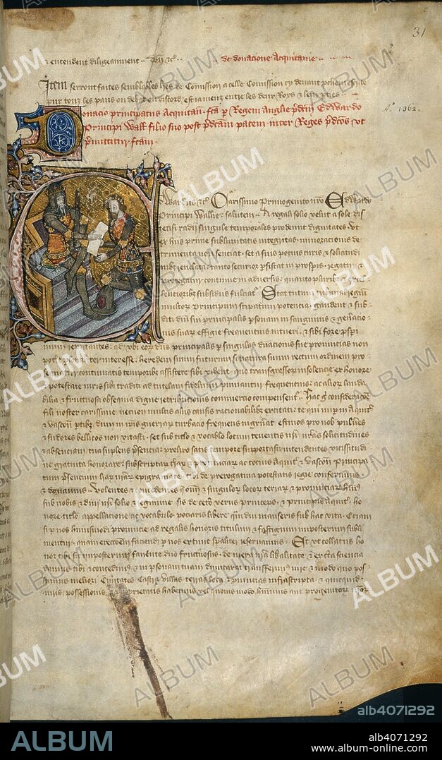 Initial 'E': King Edward III granting the Black Prince the principality of Aquitaine. England (London); 1386-1399. Source: Cotton Nero D. VI, f.31. Language: Latin.